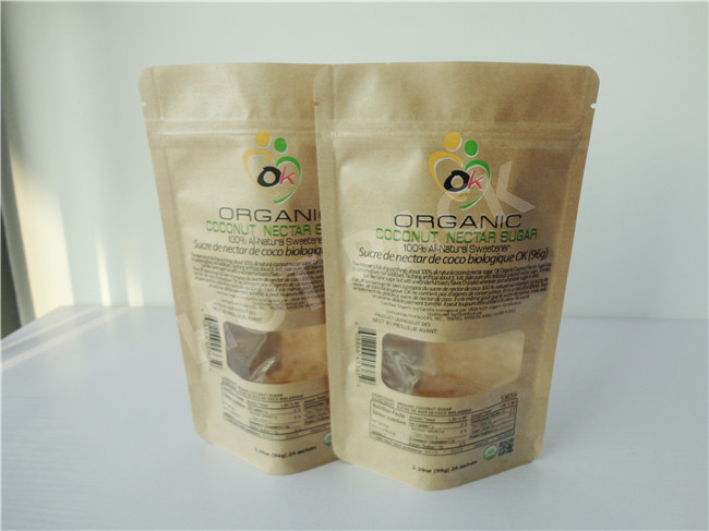Customized 16oz Natural Kraft Paper Stand Up Pouches Packaging With Window