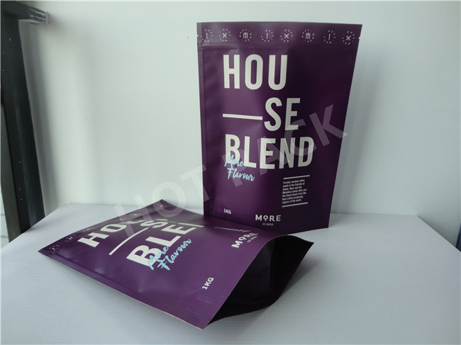 Aluminum Foil Brown Kraft Paper Resealable Coffee Bags With Valve Purple Color