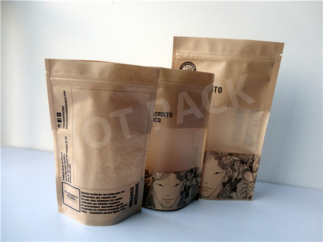 Brown Kraft Paper Stand Up Pouch With Clear Plastic Window For Food