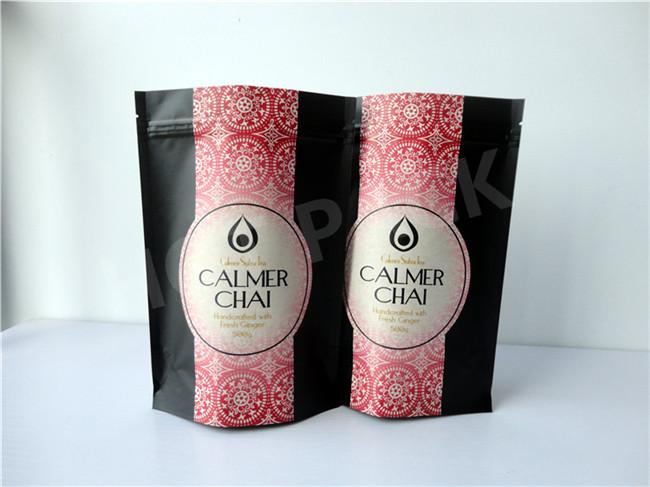 Black Color Stand Up Kraft Paper Bag With Zipper For Calmer Chai Packaing